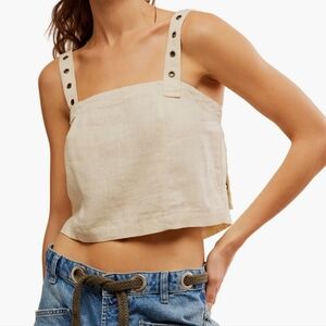NWT Free People Tank Top Crop Top Grommet Linen Blend Back Snap Cream Size S